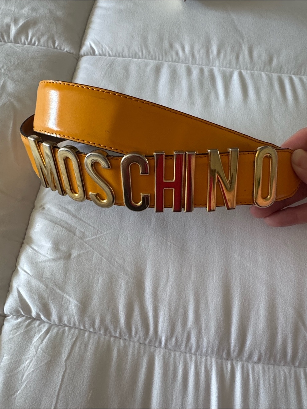 Authentic Moschino Yellow Leather Belt with gold  Logo Letters